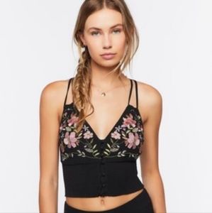 Forever 21 Floral Cropped Cami Top Embroidered Black
